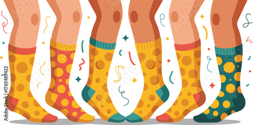 Cartoon Legs Wearing Colorful Polka Dot Socks, Festive Confetti, Party, Celebration,