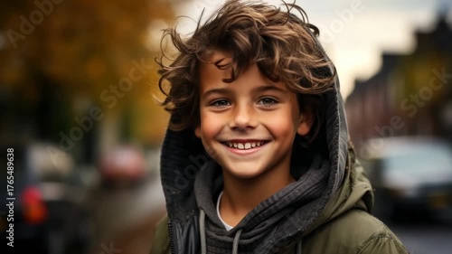 Young boy with curly hair smiles confidently on a street surrounded by autumn leaves in a charming neighborhood