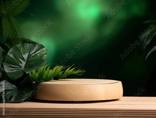 Natural display with wooden platform and lush greenery in serene setting for artistic presentations