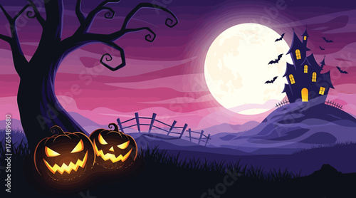 Vector art of a spooky halloween scene with glowing jackolanterns, a haunted house on a hill under a full moon, bats flying in the night sky, and a creepy tree, creating a chilling atmosphere
