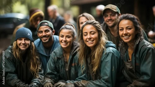 Group of volunteers smiling together during conservation project in a forest setting in autumn