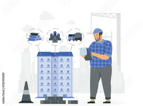Construction worker reviewing plans in front of a multi-story building with construction icons builder