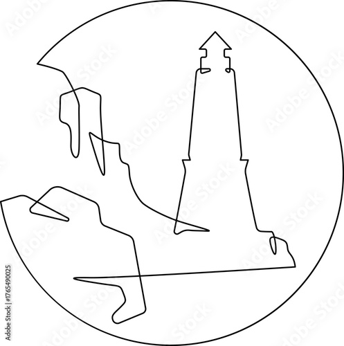Continuous one line drawing Lighthouse against the backdrop of mountains. Mountain landscape. Seashore.Linear icon. Line art.One continuous line isolated illustration.Not AI.