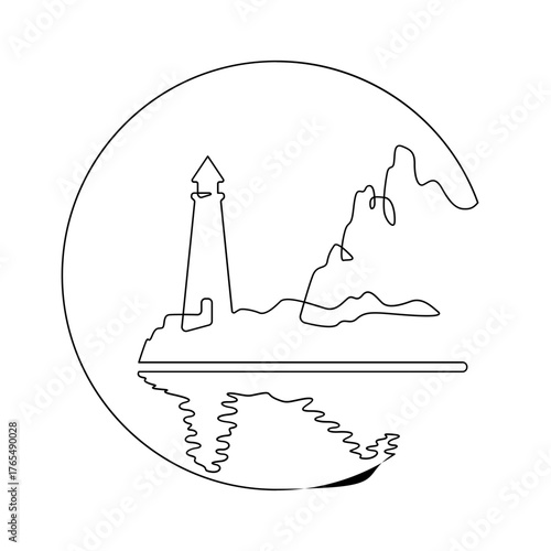 Continuous one line drawing Lighthouse against the backdrop of mountains. Mountain landscape. Seashore.Linear icon. Line art.One continuous line isolated illustration.Not AI.