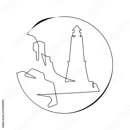 Continuous one line drawing Lighthouse against the backdrop of mountains. Mountain landscape. Seashore.Linear icon. Line art.One continuous line isolated illustration.Not AI.
