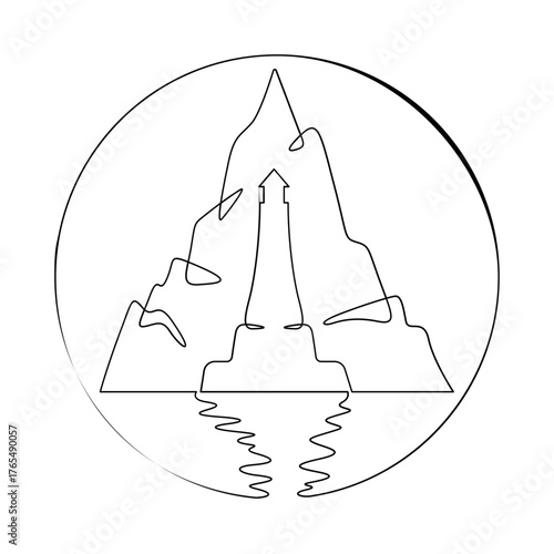 Continuous one line drawing Lighthouse against the backdrop of mountains. Mountain landscape. Seashore.Linear icon. Line art.One continuous line isolated illustration.Not AI.