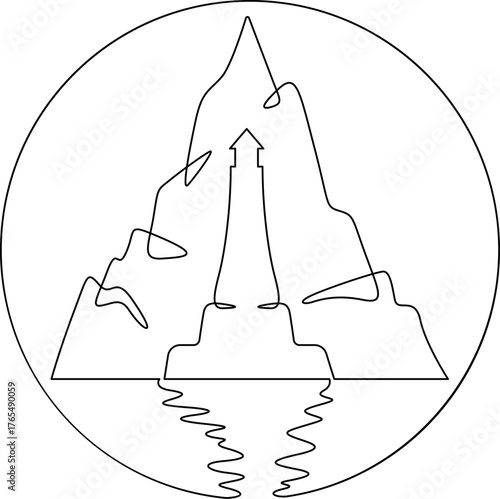 Continuous one line drawing Lighthouse against the backdrop of mountains. Mountain landscape. Seashore.Linear icon. Line art.One continuous line isolated illustration.Not AI.