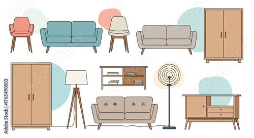 Collection of Modern Furniture Pieces for Home Interior Design.