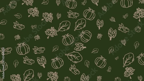 Pattern of vegetables like pumpkins, spinach, turmeric, herbs, leaves, and artichokes creating decorative designs on a dark green background. Suitable for kitchen decor, and organic products.