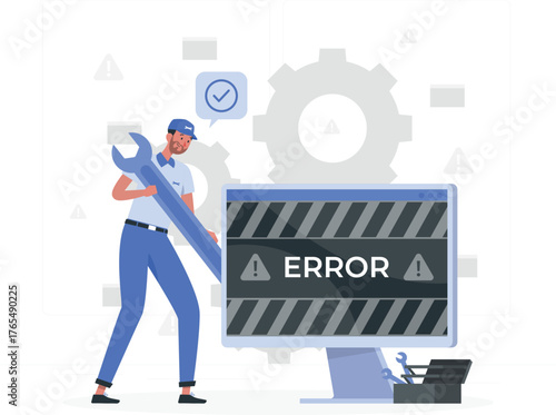 Technician with a wrench fixing a computer displaying an error message mechanic monitor