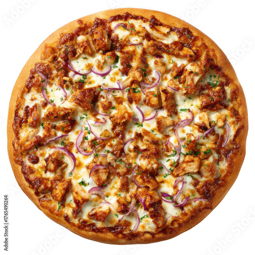 A delicious whole barbecue chicken pizza with melted mozzarella cheese red onions and fresh herbs on a golden crust