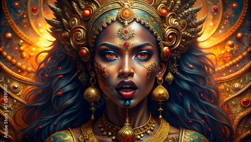 Majestic deity portrait vibrant colors ornate headdress intense gaze mystical aura