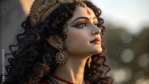 Close-up statue of hindu goddess radha with elaborate jewelry and curly hair
