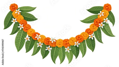 Vibrant orange marigold flower garland with green leaves and white accents festive decoration