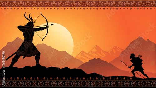 Mythic hunter silhouette with antlers draws bow against distant warrior at sunset