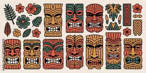 Polynesian tiki masks and tropical plants vector collection
