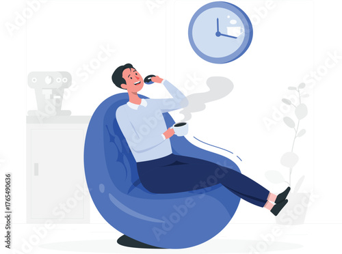 Man relaxing on beanbag chair eating donut and drinking coffee male