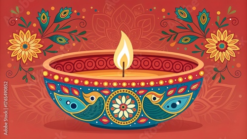 Vibrant diya decoration illuminated with fiery flame celebrating festival of lights tradition