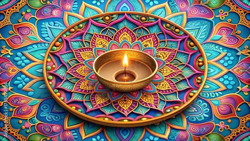 Vibrant psychedelic mandala with singing bowl meditative zen spiritual art design