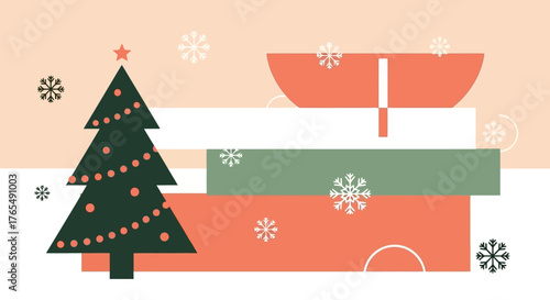 Christmas tree, snowflakes, gifts, and geometric design elements create a festive holiday scene