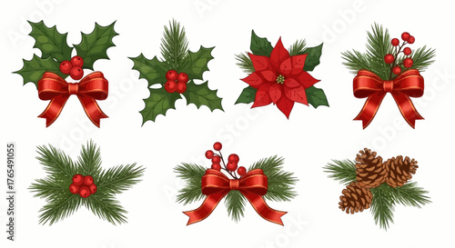 Festive Christmas Decor Elements Holly, Poinsettia, Pine Cones & Bows