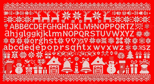 Christmas Alphabet Sampler with Reindeer, Snowflakes, and Festive Elements