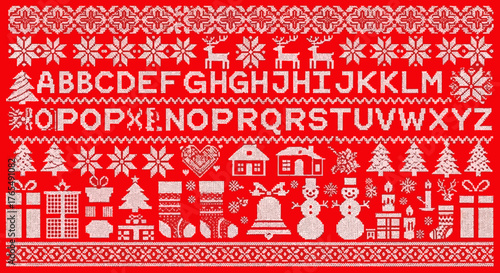 Festive Cross-Stitch Christmas Pattern with Reindeer, Trees, and Letters