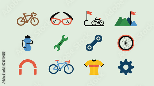 Set of twelve colorful icons related to cycling and outdoor activities bicycle bike