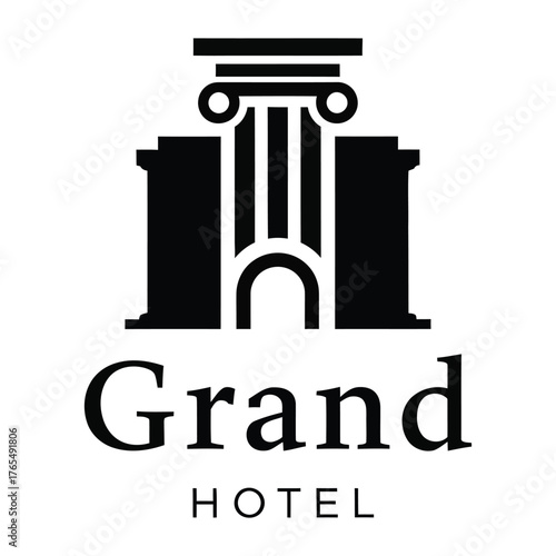 Elegant black and white logo design featuring a classic architectural facade with pillars and the text grand hotel symbolizing luxury and timeless hospitality