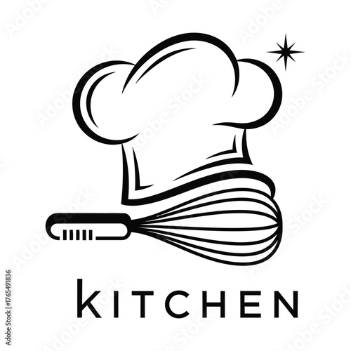 Simple and elegant black and white line art illustration of a chef s hat and whisk with the word kitchen below