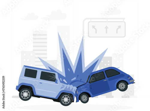 Two cars in a head-on collision with debris and traffic sign Keywords: car accident, collision, crash, two cars, impact, damage, destruction, wreckage, traffic, road, intersection, city, buildings