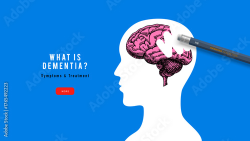 Trendy collage of head silhouette with brain and pencil erases spot. Alzheimer's Day design. Dementia, memory, neurology, healthcare, mental health concept. Hand drawn vector illustration.