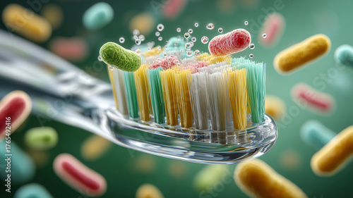 Toothbrush close-up covered with colorful bacteria illustration, dental hygiene concept.
