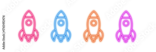 Neon glowing rocket vector icons set, space, launch, startup, innovation, progress, speed, vibrant colorful bright modern illustration 