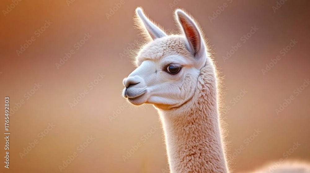 Fototapeta premium Gentle alpaca close-up captured at ground level, showcasing their pure nature in vibrant natural light