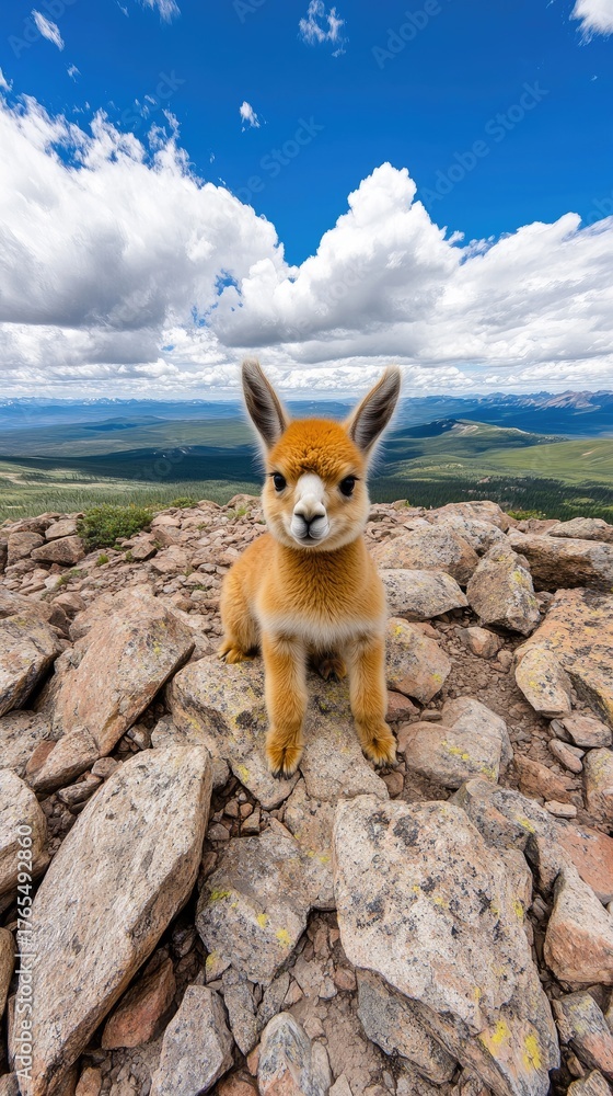 Fototapeta premium Capturing the gentle spirit of an alpaca on a rocky perch under a vibrant sky at midday in breathtaking natural surroundings
