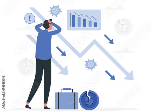 Man distressed by financial crisis with falling graph and broken coins vector illustration