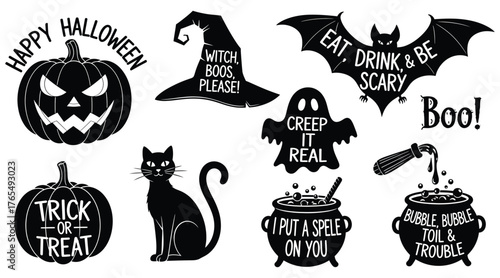 Vector art of a collection of halloween silhouettes, featuring pumpkins, witch hats, bats, ghosts, cats, cauldrons, and spooky sayings for festive designs
