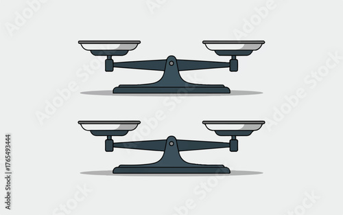 Two identical dark gray balance scales with empty pans against a light gray background weighing equilibrium