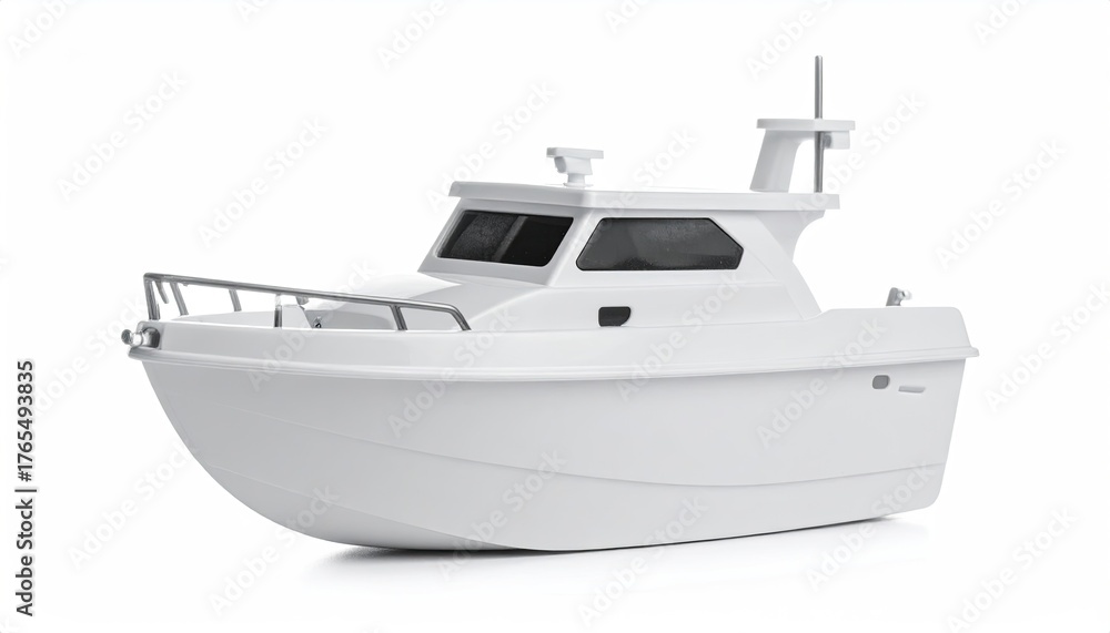 Naklejka premium White boat, enclosed cabin, isolated on white background