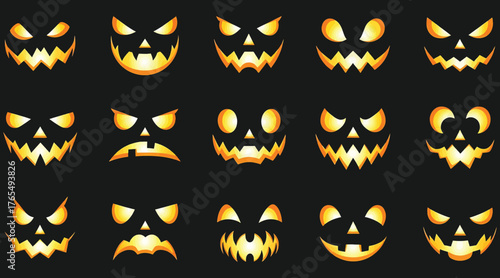Vector art of a spooky collection of fifteen unique jackolantern faces, each with its own distinct expression and glowing eyes, perfect for adding a touch of halloween fright to your designs