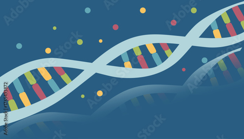 DNA double helix, DNA genetic structure illustration. Vector flat clipart on blue background.