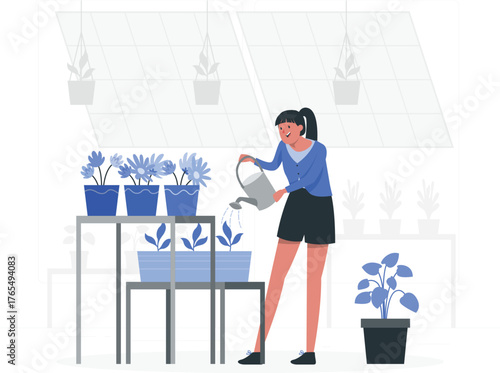 Woman watering plants in a greenhouse with blue flowers and potted plants Keywords: woman, watering, plants, greenhouse, gardening, flowers, potted plants, horticulture, botanical, nature, growth