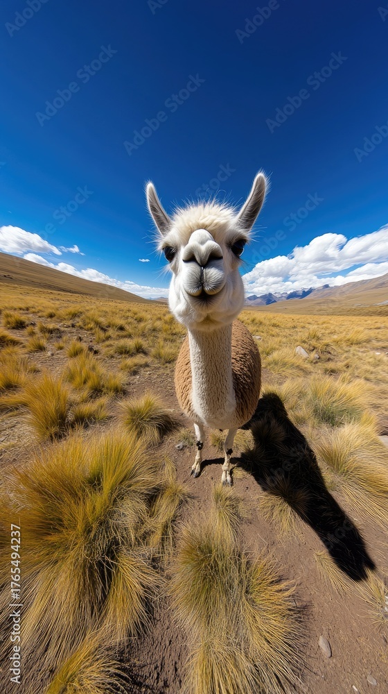 Fototapeta premium A gentle alpaca approaches with curiosity in a vibrant Andean landscape under natural sunlight