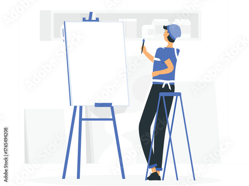 Artist painting on a large canvas on an easel with a brush and stool in a studio setting Keywords: artist, painting, canvas, easel, brush, art, creation, studio, workshop, creative, inspiration