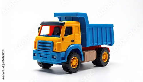 Toy dump truck, blue bed, yellow cab, on white ground