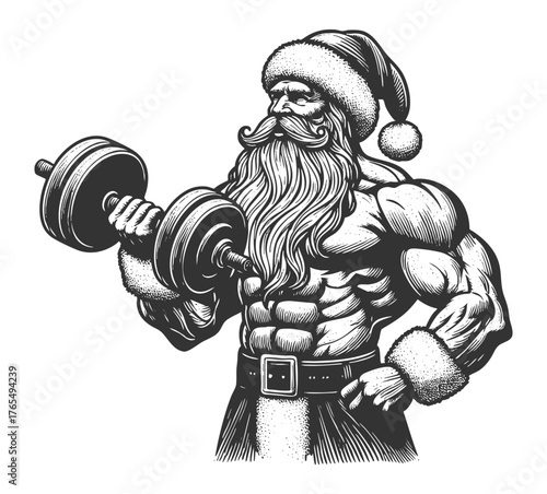 buff Santa Claus curling heavy dumbbells sketch engraving generative ai fictional character vector illustration. Scratch board imitation. Black and white image.