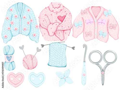 Cozy Knitwear and Crafting Supplies Collection clip art in Pastel Colors