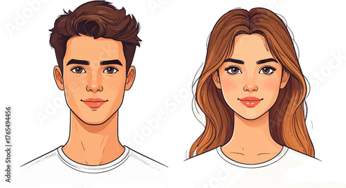 Expressive young animated faces with soft, modern clothing. Stylized modern faces of animated characters in simple designs. Cartoon style characters showing trendy looks and expressions