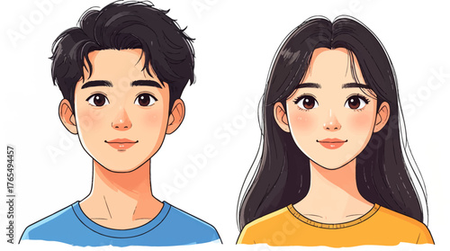 Charming animated characters in casual clothing and vibrant smiles. Stylized youth with lively expressions and colorful outfits. Fun animated couple with youthful hairstyles and relaxed style